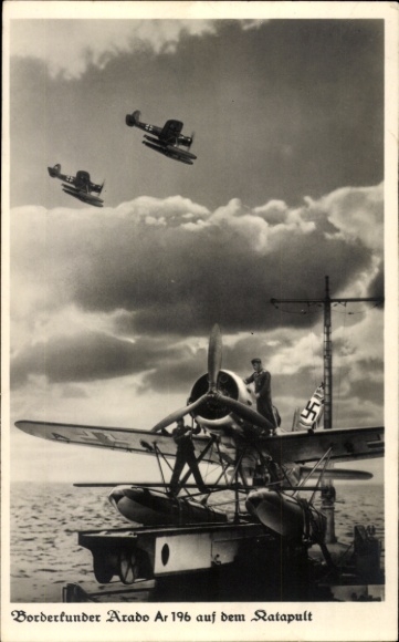 Postcard Borderkunder Arado Ar 196 on the catapult of a warship, Luftwaffe