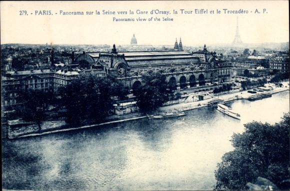 Ak Paris XVI Trocadéro, Panorama van de Seine, Gare d'Orsay, Eiffeltoren, Trocadéro