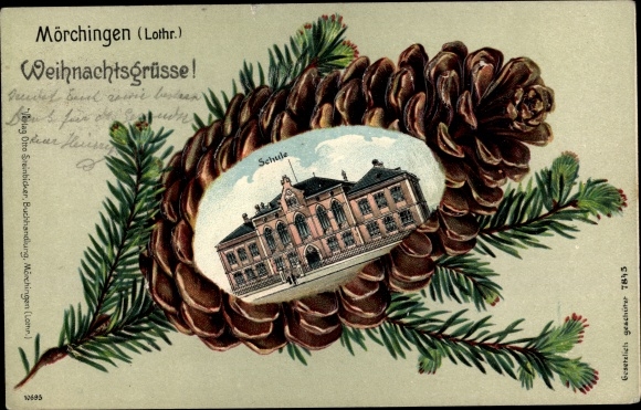 Embossed pine cones Chromo-Litho Morhange Mörchingen Alsace Moselle, school