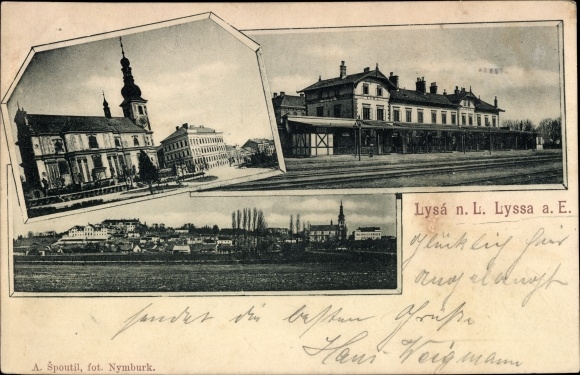 Postcard Lysá nad Labem Lissa on the Elbe Central Bohemia, church, train station