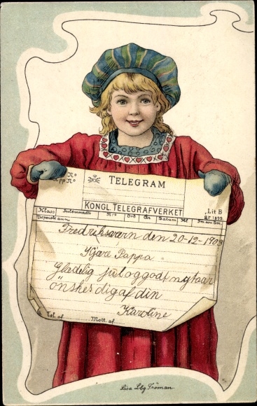 Artist Chromo-Litho Lindberg, Lisa, Girl in costume with telegram