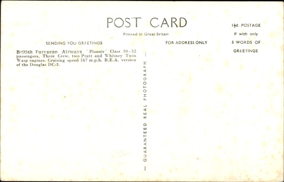 Postcard British passenger aircraft, British European Airways, Douglas DC 3, Pionair, G AGJW