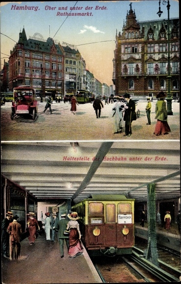 Postcard Hamburg Altstadt, station of the elevated train to Barmbeck, Rathausmarkt