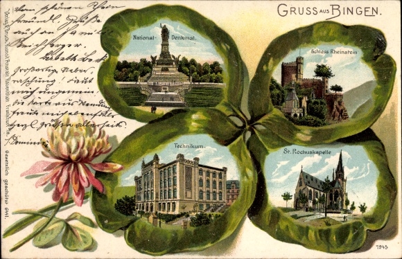 Präge Kleeblatt Litho Bingen am Rhein, National Denkmal, Schloss Rheinstein, Technikum, Kapelle