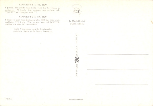 Postcard Alouette II SA 3130, helicopter of the Belgian military