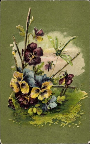 Embossed Postcard Pansy and Dragonfly