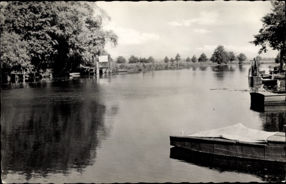 Postcard Schwaan in Mecklenburg, view of the Warnow