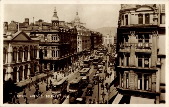 Postcard Belfast Northern Ireland, Royal Avenue, busy street, old buildings, trams