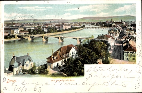 KP Basel Bâle City Szwajcaria, panoramiczny widok na mosty nad Renem, krajobraz rzeczny,