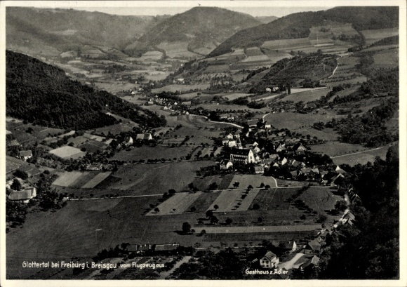 Ak Glottertal im Schwarzwald, Luftaufnahme des Glottertals, Gasthaus zum Adler, Natur, Ländliche 