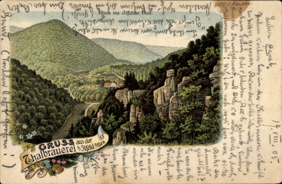 Chromo-Litho Ilfeld Harztor Nordhausen district Thuringia, view into the Ilfeld valley, Ilfeld valley brewery