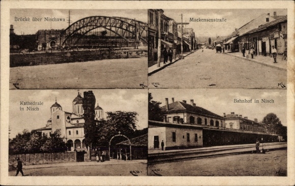 Ak Joegoslavië Servië, brug over Nischawa, treinstation in Nisch, kathedraal, Mackensenstraße