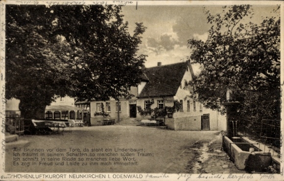 Ansichtkaart Neunkirchen im Odenwald, Kurhaus Zum Grünen Baum, eigenaar Adam Mayer, straatzicht, fontein