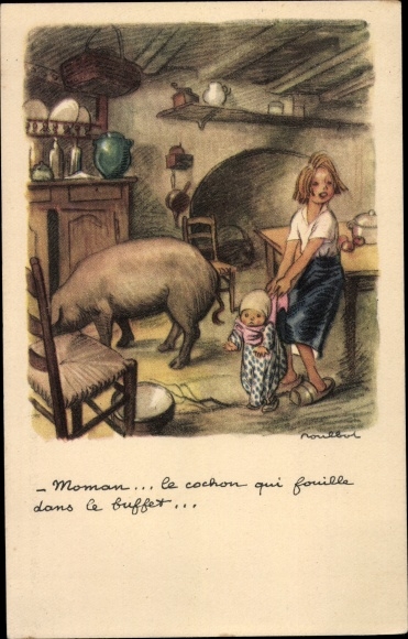 Kunstenaarskaart Poulbot, Francisque, Ligue Nationale contre le Taudis, kinderen en varken in een keuken