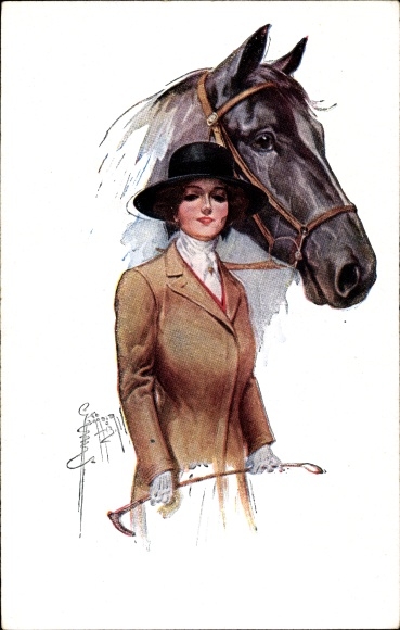 Artist PC Barber, Court, Ready for the ride, vrouw in rijkleding, hoed, paard met hoofdstel
