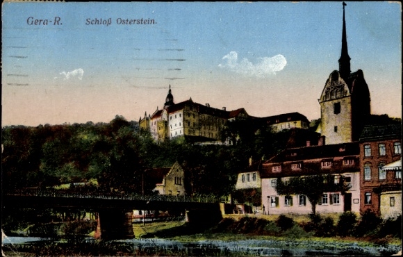 Ak Untermhaus Gera in Thüringen, kasteel Osterstein, brug, kerk