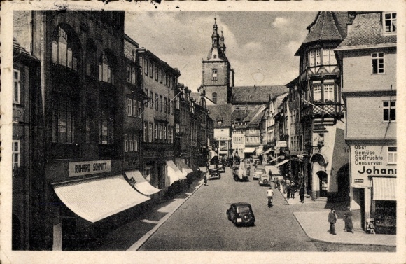Ak Fulda in Hessen, stadsgezicht met kerk, historische gebouwen, auto's, winkels, marktplein