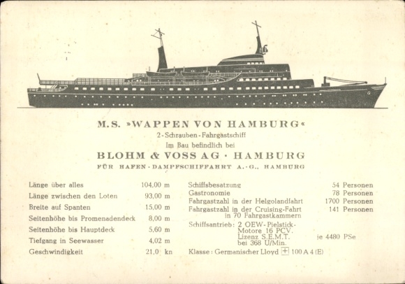 Kunstenaarsansichtkaart passagiersschip MS wapen van Hamburg, Blohm en Voss, te water gelaten in 1962