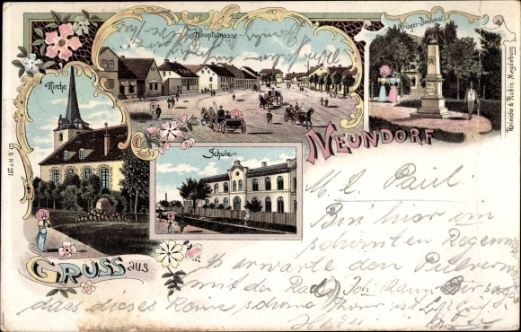 Litho Neundorf in Anhalt Staßfurt im Salzlandkreis, Kirche, Hauptstraße, Kriegerdenkmal, Schule