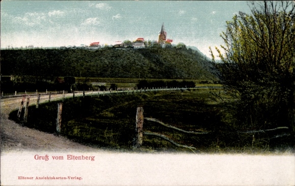 Postcard Eltenberg Elten Emmerich on the Lower Rhine, landscape with a hill, church, fences, meadow, we