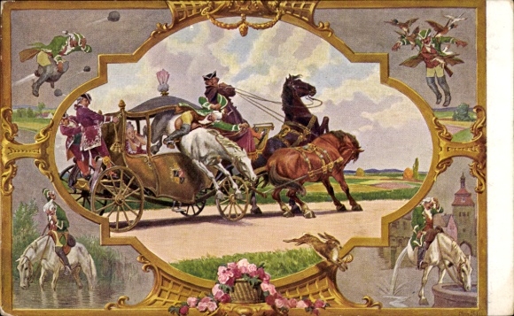 Künstler Ak Baron Münchhausen beim Sprung durch eine Kutsche, Ritt auf der Kanonenkugel