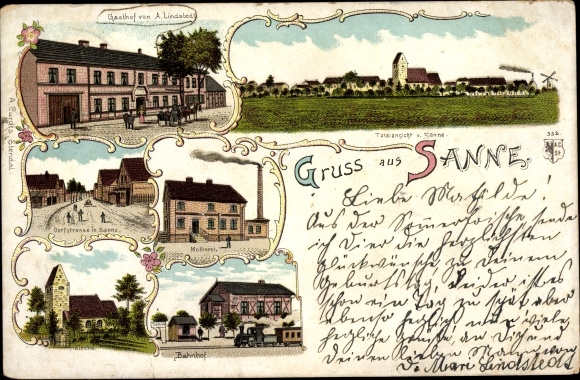 Ansichtkaart Sanne Hassel Saksen Anhalt, herberg, totaal uitzicht, dorpsstraat, treinstation, kerk