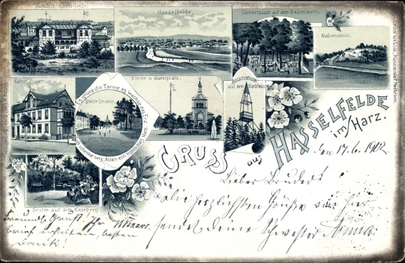 Litho Hasselfelde in het Harzgebergte, markt, uitkijktoren, kerk, Rabenstein, treinstation