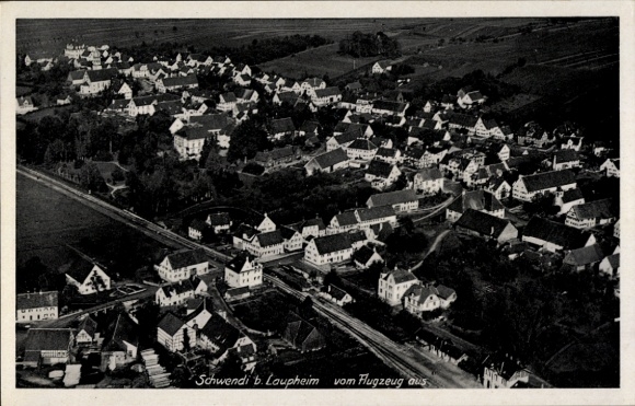 Postcard Schwendi in Upper Swabia, aerial view of a settlement, many houses