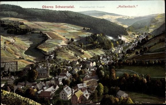 Postcard Mellenbach Glasbach im Schwarzatal, view of the town, mountains, fields