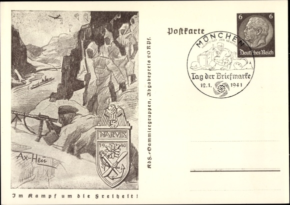 Postal stationery artist PC Axster Heudtlass, In the fight for freedom, Narvik, mountain troops in Norway