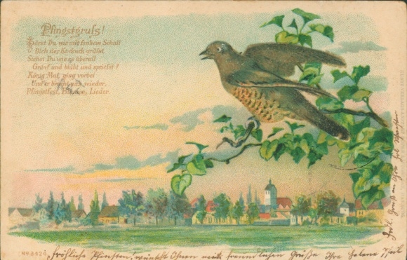 Glitter Chromo-Litho Congratulations Pentecost, bird on tree, deciduous tree