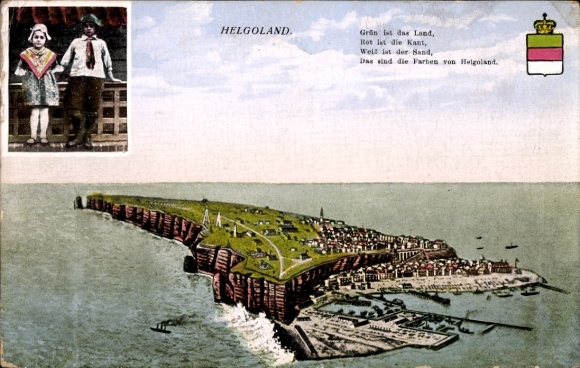 Postcard North Sea island Heligoland, general view, bird's eye view, children in a typical costume