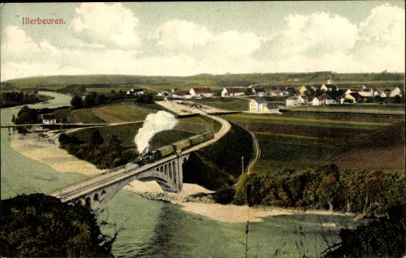 Postcard Illerbeuren Kronburg Upper Swabia Lower Allgäu, general view, railway bridge