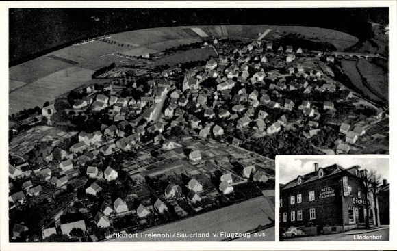Ak Freienohl Meschede im Sauerland, Fliegeraufnahme vom Ort, Lindenhof