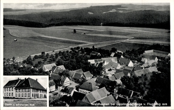 Postcard Waldhausen Mönchengladbach on the Lower Rhine, aerial view of the Gasthaus zum schwarzen Ross, surrounding