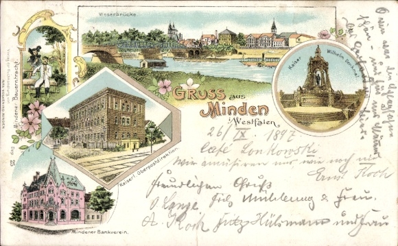 Litho Minden in Westfalen, Weserbrücke, Kaiserl. Oberpostdirektion, Mindener Bankverein, Denkmal
