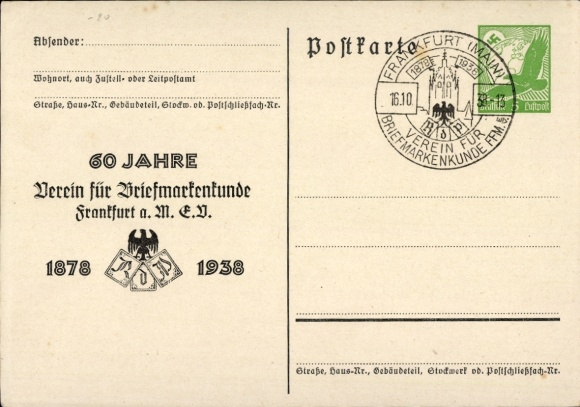 Postwaardekaart Frankfurt am Main, 60 jaar postzegelklantenvereniging 1938