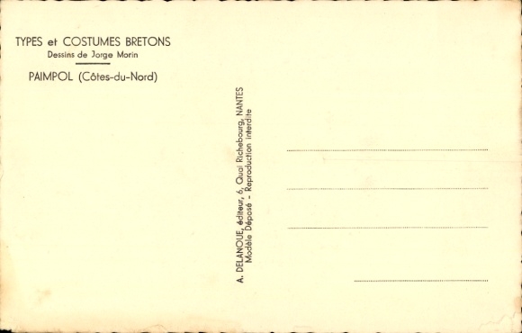 Postcard Paimpol Côtes d'Armor, a black and white drawing of a Breton couple in traditional costume,...