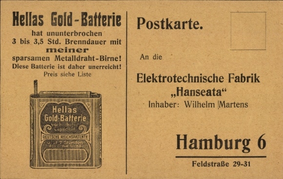 Postcard Hamburg, advertising, electrotechnical factory Hanseata, Wilhelm Martens, Hellas Gold Battery