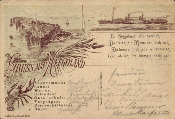 Chromo-Litho North Sea island of Heligoland, general view, steamer, lobster