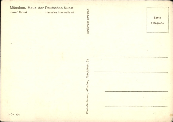 Postcard plastic by Josef Thorak, Hanneles Ascension, HDK 494, female nude, Photo Hoffmann