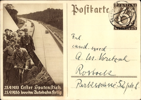 Ganzsachen Ak Hitler, Bau der Reichs-Autobahn, Erster Spatenstich 23.9.1933
