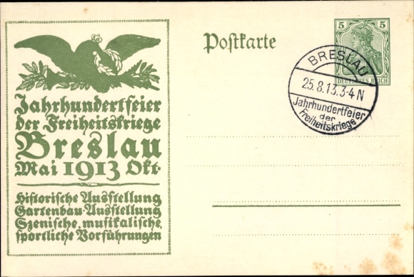 Briefpapier ansichtkaart Wrocław Breslau Silezië, eeuwfeest 1913, bevrijdingsoorlogen