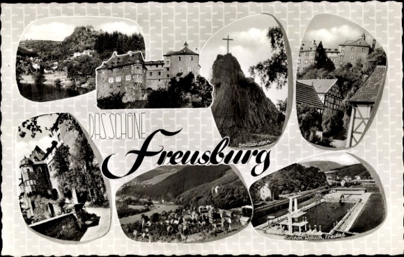 Postcard Freusburg Kirchen an der Sieg, youth castle, swimming pool, cross, partial view, Gasthof Ache