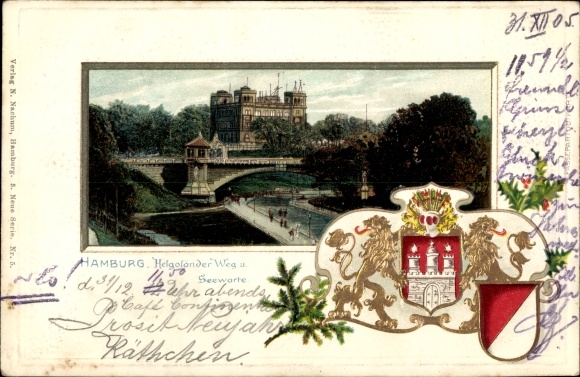 Embossed Passepartout Coat of Arms Chromo-Litho Hamburg Mitte St. Pauli, Helgoländer Weg and Seewarte