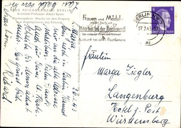 Postcard Berlin, New Reich Chancellery, Marble Gallery, Führer's study, architect Albert Speer
