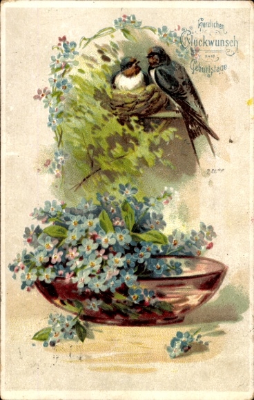 Postcard Happy Birthday, Swallows, Forget-me-nots