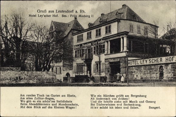 Postcard Leutesdorf Rhineland Palatinate, Hotel Ley&#39;scher Hof, esp. Fritz Masberg, poem by Bungert