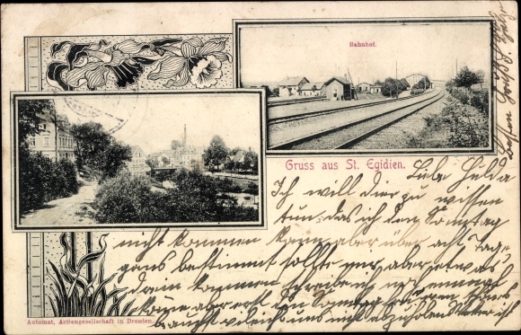 Ansichtkaart Sankt Egidien in Saksen, gedeeltelijk zicht, treinstation, spoorzicht