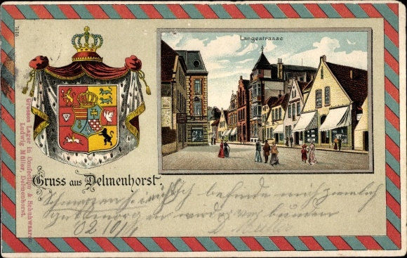 Embossed Coat of Arms Passepartout Chromo-Litho Delmenhorst in Oldenburg, Langestrasse
